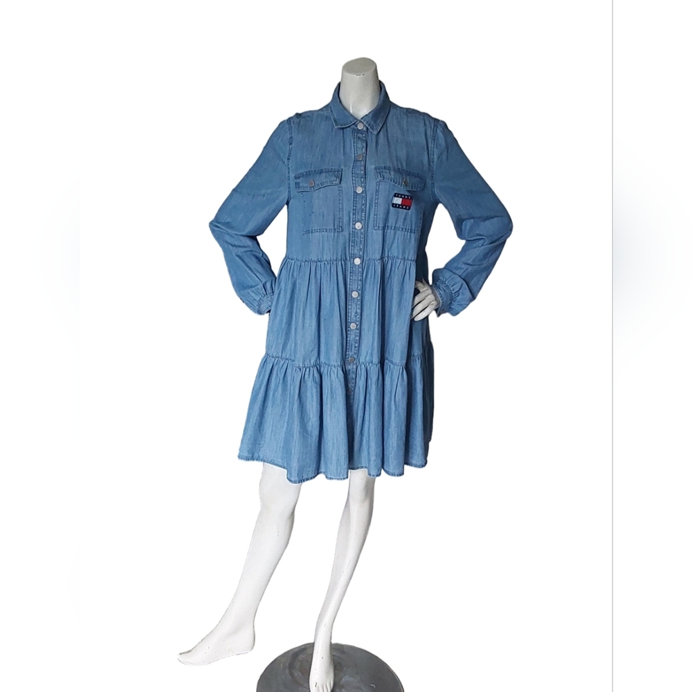 Tommy Jeans  ChambrayTiered Blue Denim‎ Shirt Dress - Picture 3 of 4